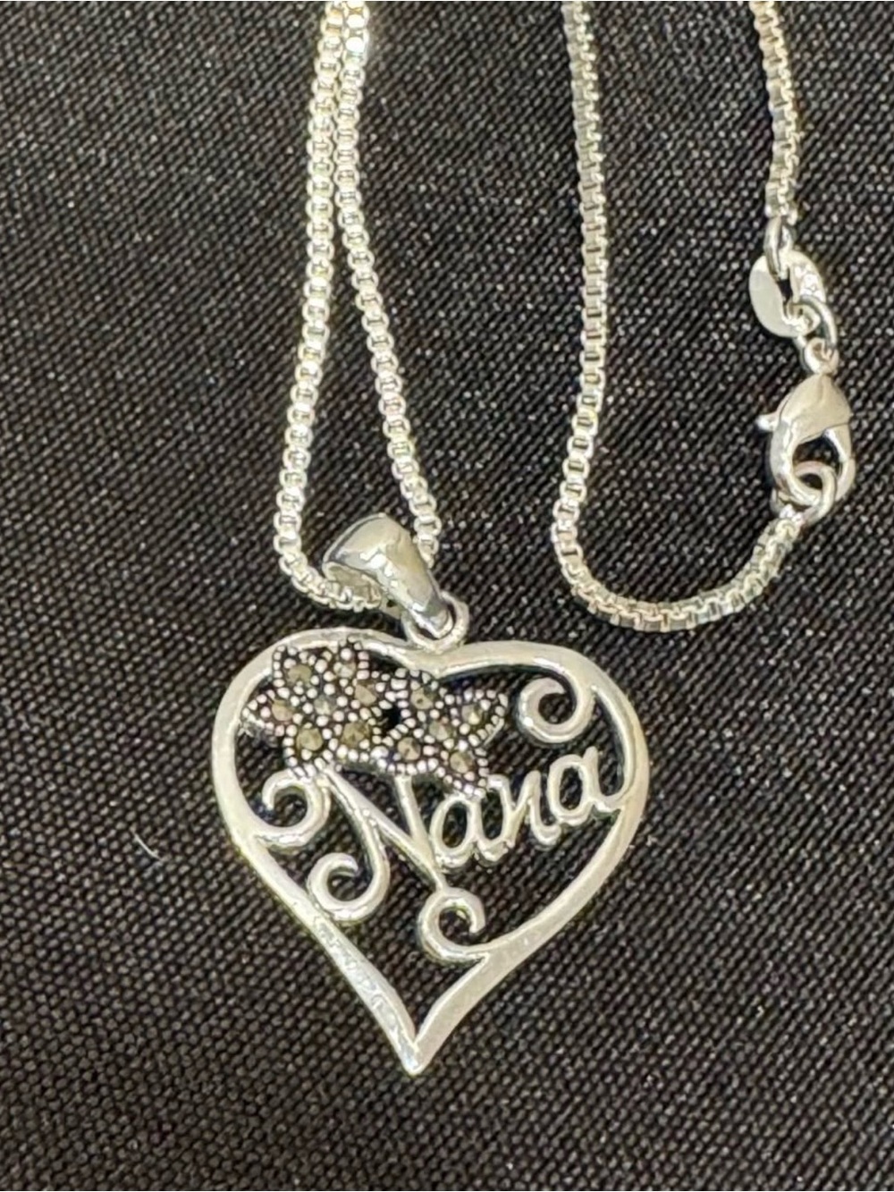 Sterling Silver 'Nana' Heart Pendant Necklace with Floral Accent